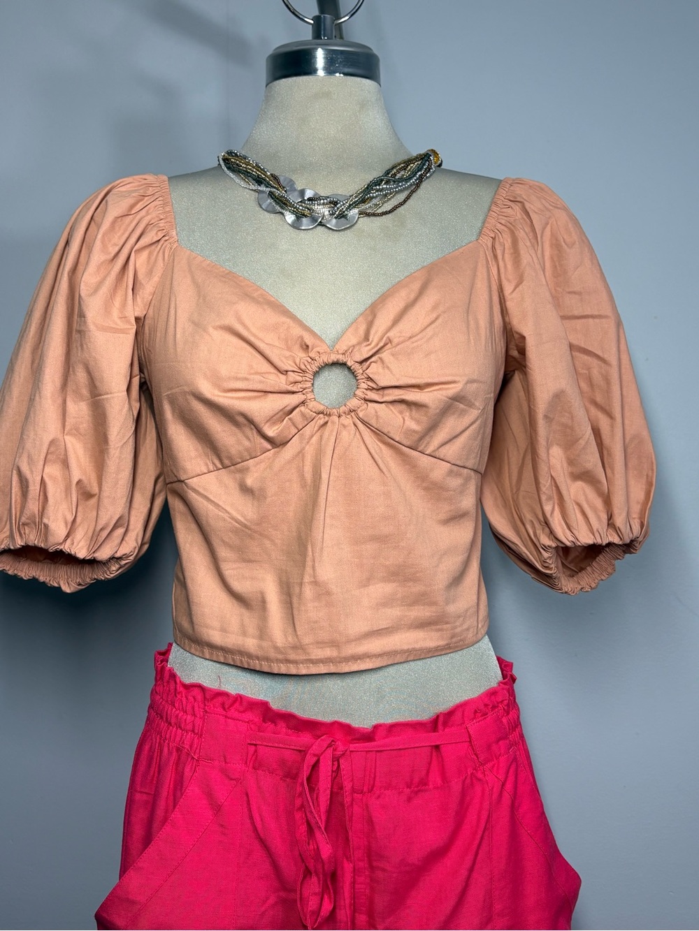 Abercrombie & Fitch Peach Puff-Sleeve Crop Top with Ring Detail